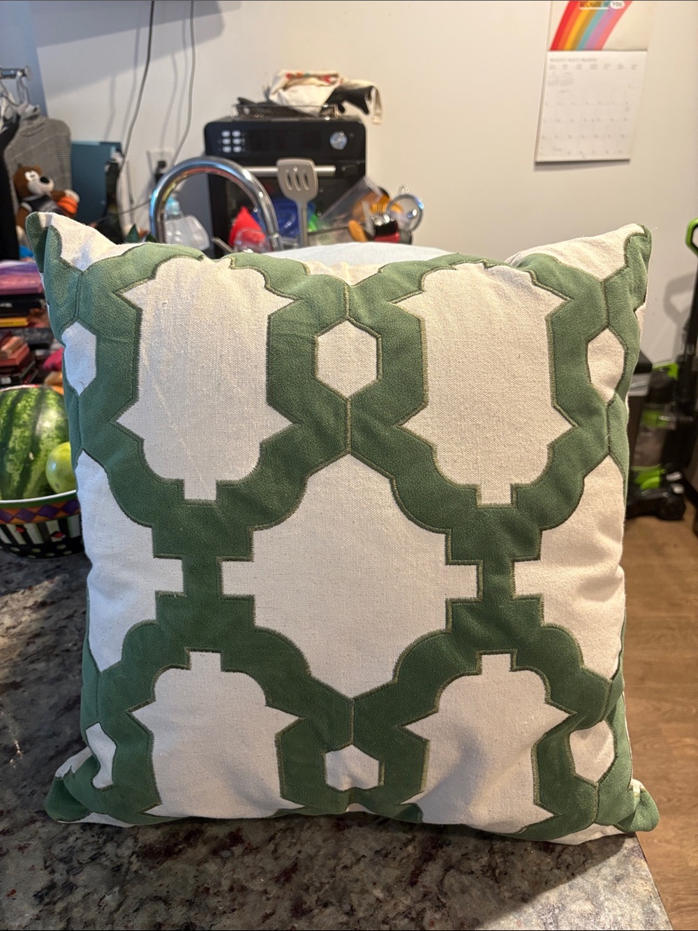 Cream and Green Geometric Accent Pillow